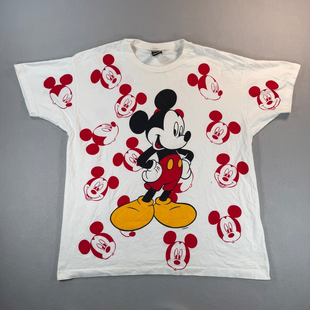 Vintage 90s Mickey Unlimited All Over Print T-Shirt Mens White Land N Sea Disney